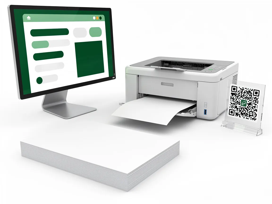 A shop counter: a Windows PC running ScanPrint, a printer and a QR stand