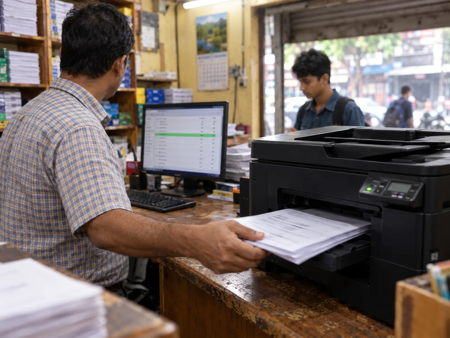The shop owner takes a printed stack from the printer while the job list shows on the PC and a student waits