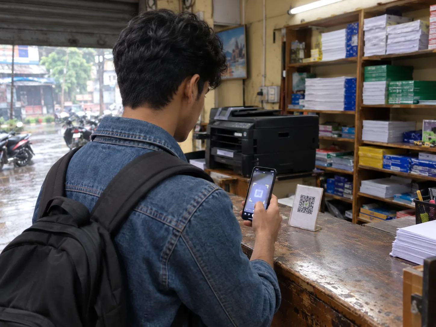 A student at the print shop counter scans the QR stand with his phone