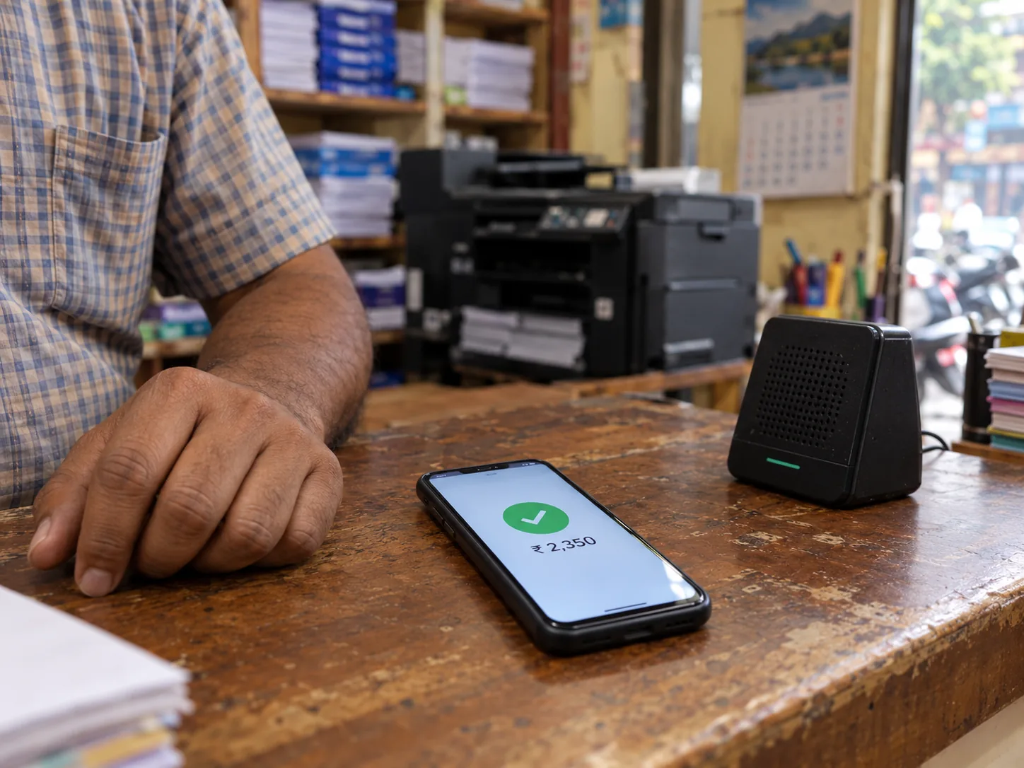 The shop owner's phone on the counter showing a payment received, beside a payment soundbox