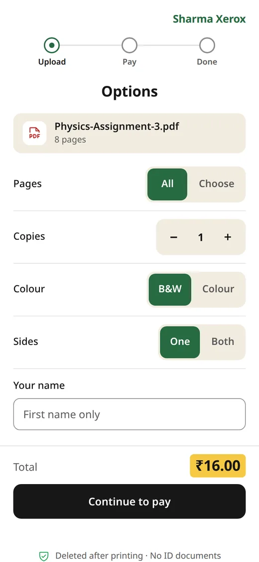 Options on the student's phone: pages, copies, colour, sides and the total