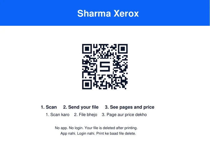 The ScanPrint counter stand: the shop's name, its QR code and three steps