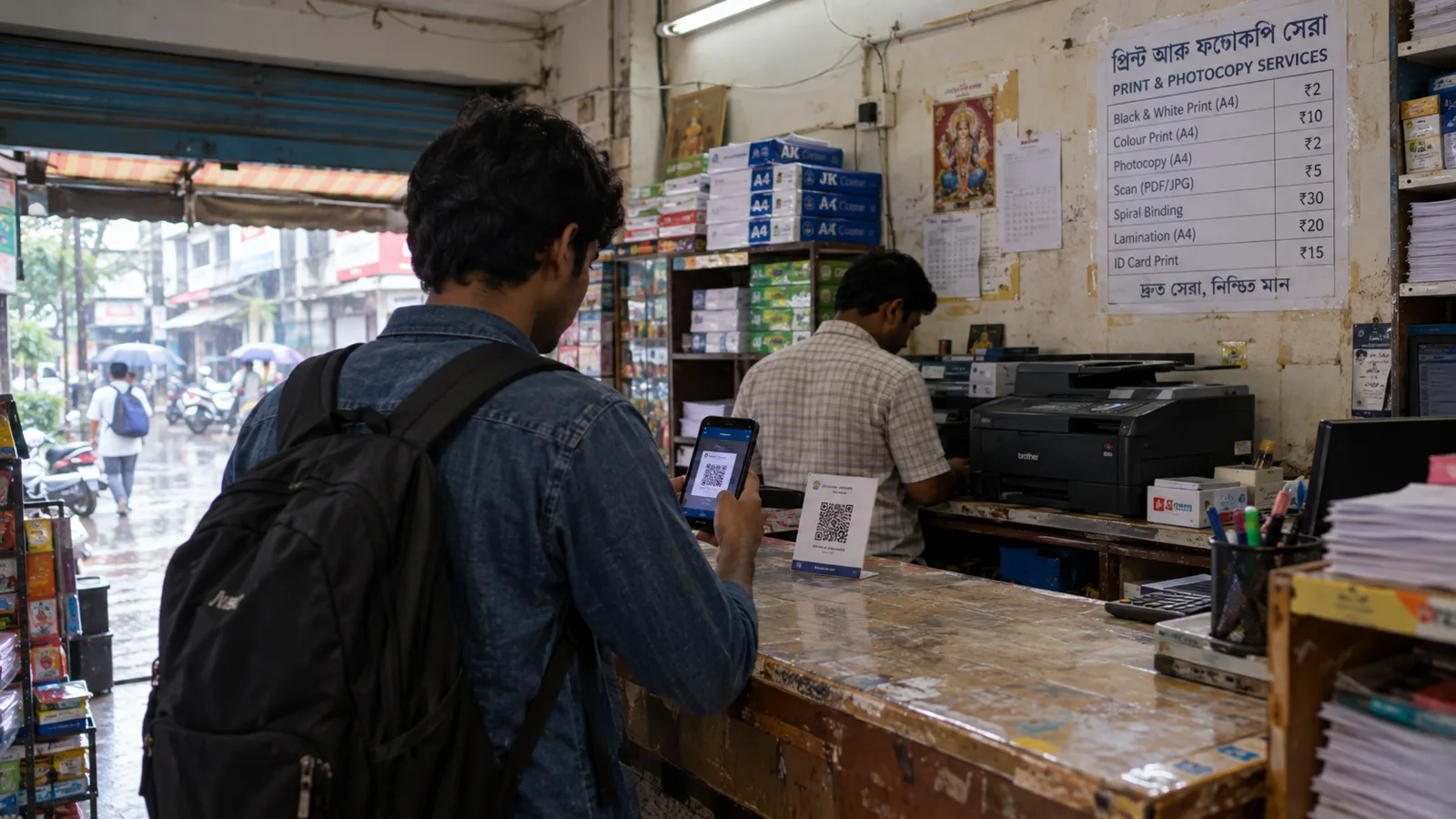 A student at a print shop counter holds up a phone to scan the QR card standing beside the till
