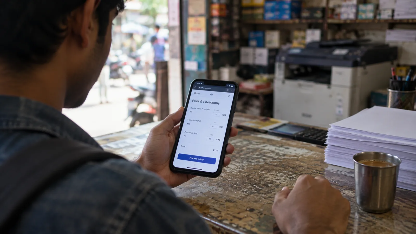 Over a student's shoulder: a phone showing the pages and the price before paying