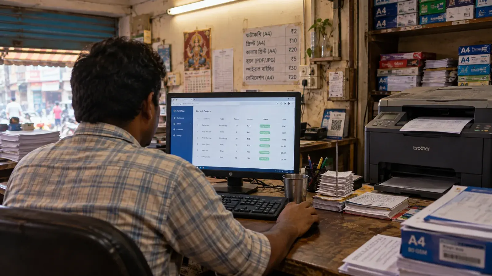 A shop owner at the counter PC, the job list on screen and the printer running beside it