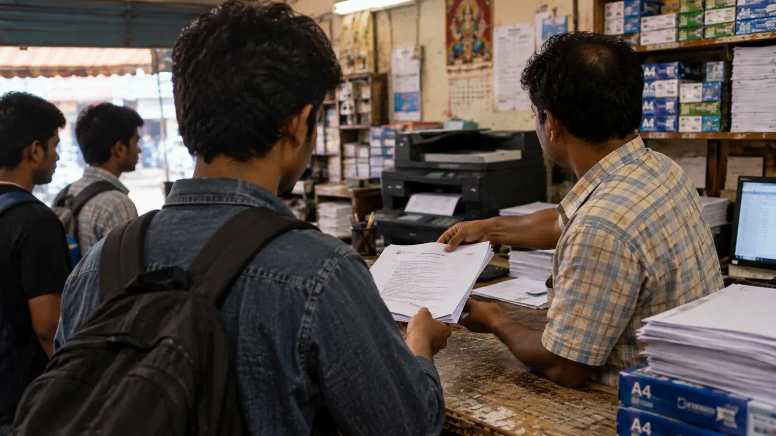 The owner hands a printed stack across the counter while two more students wait